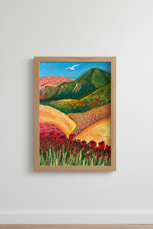 Framed artwork of a colorful landscape with mountains, fields, and red flowers.