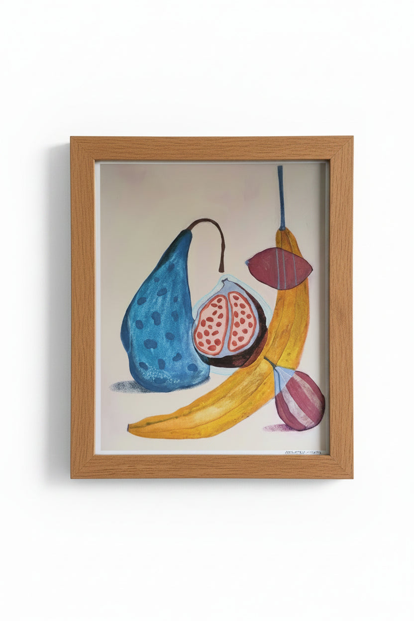 A still life painting of fruit, featuring a blue pear, a sliced fig with red seeds, a yellow banana, and a purple onion, presented on a white background.
