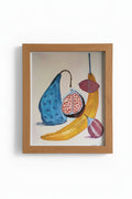 A still life painting of fruit, featuring a blue pear, a sliced fig with red seeds, a yellow banana, and a purple onion, presented on a white background.